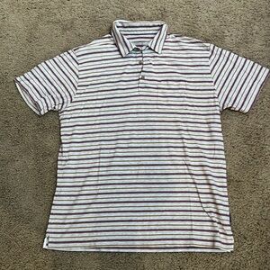 Light grey and maroon/gold striped PATAGONIA polo shirt